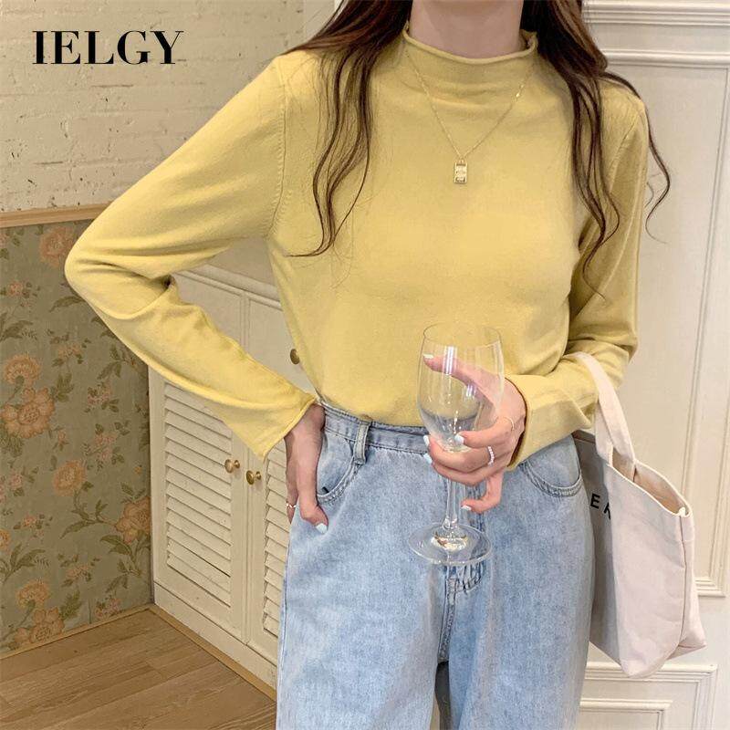 IELGY women's solid color half turtleneck long sleeve knitted bottoming shirt