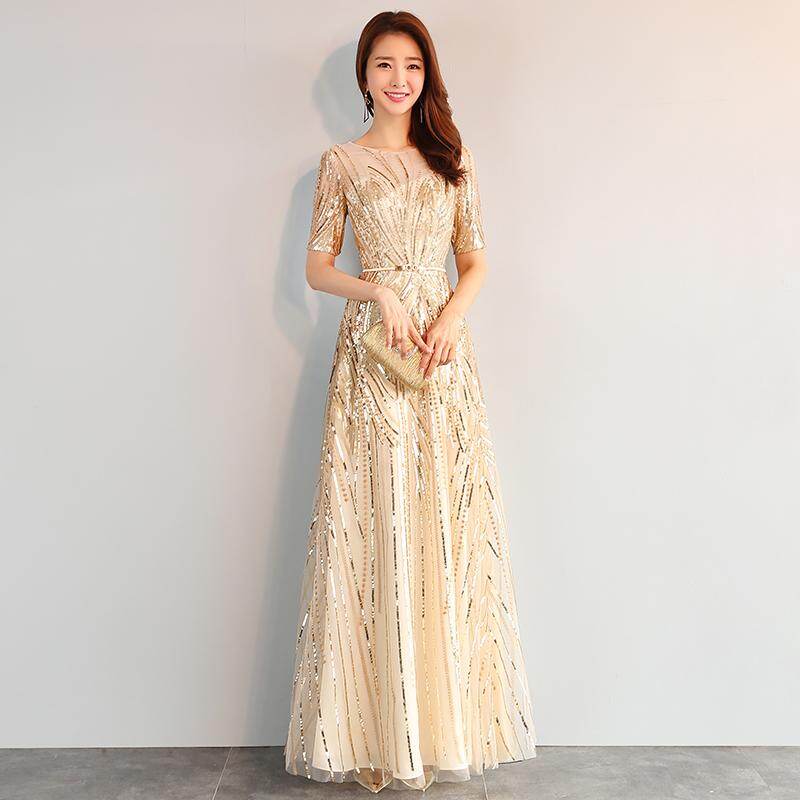 Gold color evening dress annual meeting dress long for party