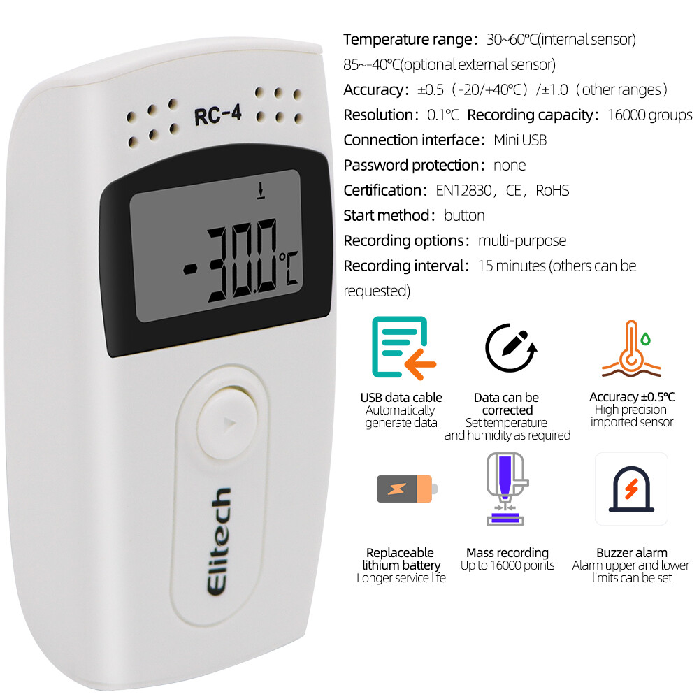Digital USB Temperature Humidity Data Logger RC-4/RC-4HC/RC-5/GSP-6/RC-5+ LCD with External Sensor Cold-chain Transportation Digital USB Data Logger