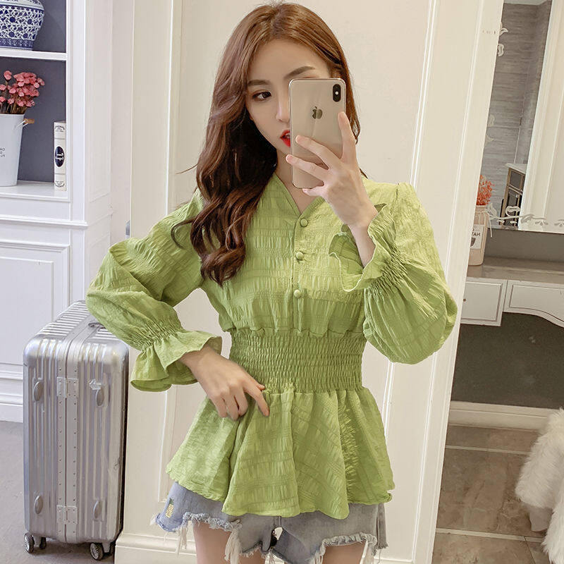 Chiffon Long Sleeve Women Blouse 2021 Summer New Korean Style Lotus Leaf Side V Collar Niche Cover Waist-high Top