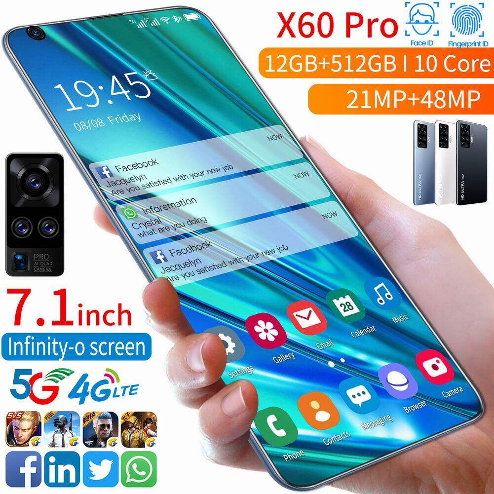 สมาร์ทโฟนแอนดรอยด์7.1นิ้วX60pro,เต็มหน้าจอ12 + 512GBความจำ21 + 48MPกล้องสองซิม