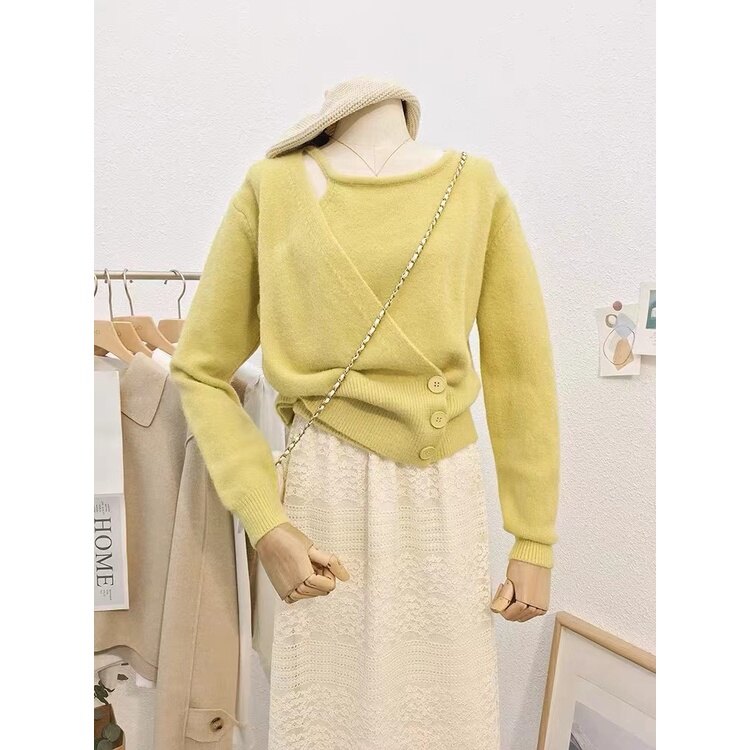 Women Korean Irregular Stitching Two Buttons Slim Waist Long Sleeve Sweater