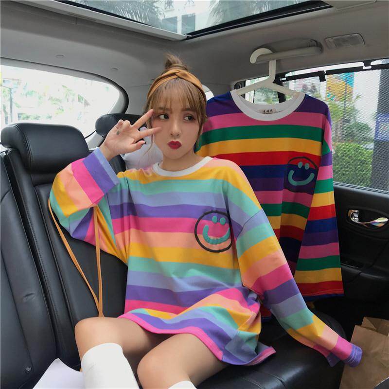 Women Korean Loose Ins Top Rainbow Striped Long-sleeved T-shirt