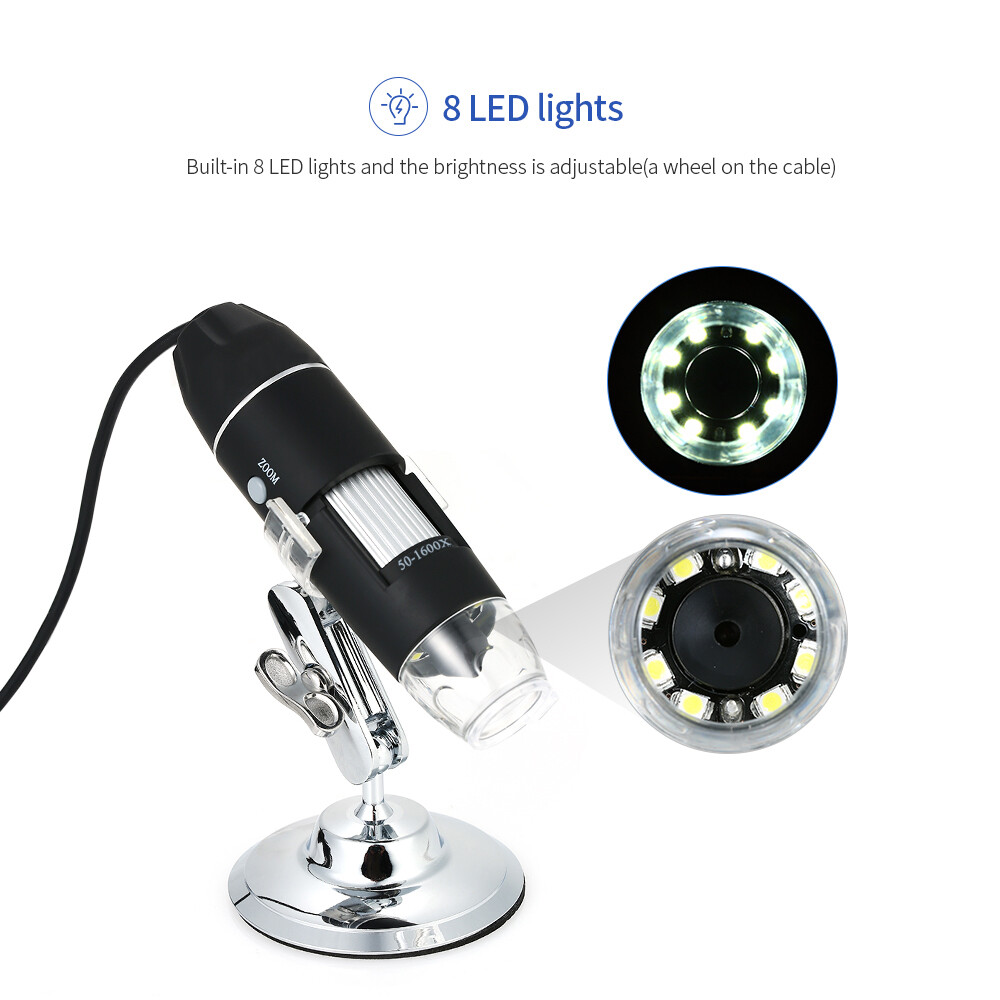 KKmoon 1600X Magnification USB Digital Microscope with OTG Function Endoscope 8-LED Light Magnifying Glass Magnifier with Stand