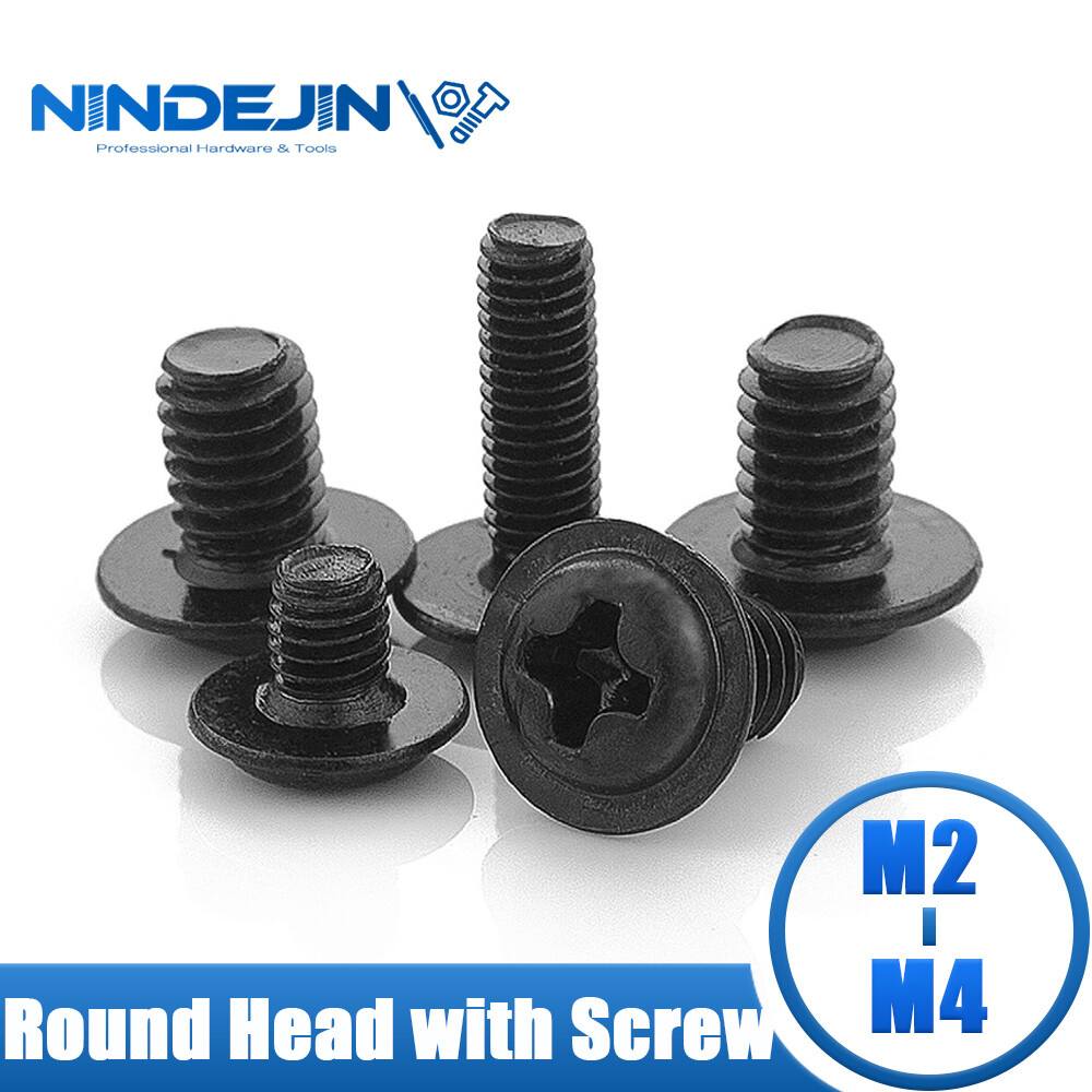 Nindejin 40-100pcs m2 2.5 m3 m4 black carbon steel cross phillips pan round truss head with washer padded collar machine screw pwm