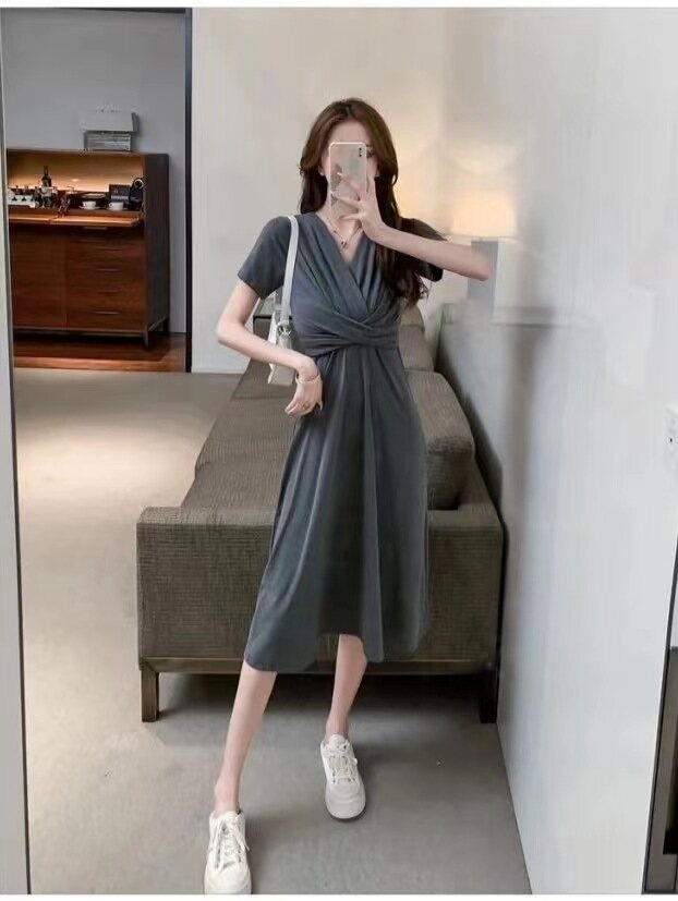 LOMOGI Đầm Nữ Cổ Chữ V Màu Trơn Thanh Lịch