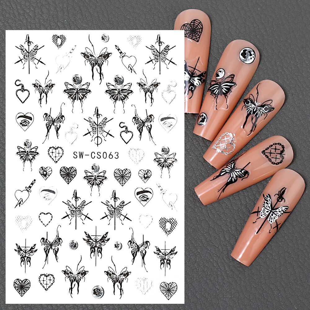 3D Metallic Silver Black Nail Stickers Dark Style Charms Sliders Ink Butterfly Moon Heart Lock Sword Foil Manicure Tips