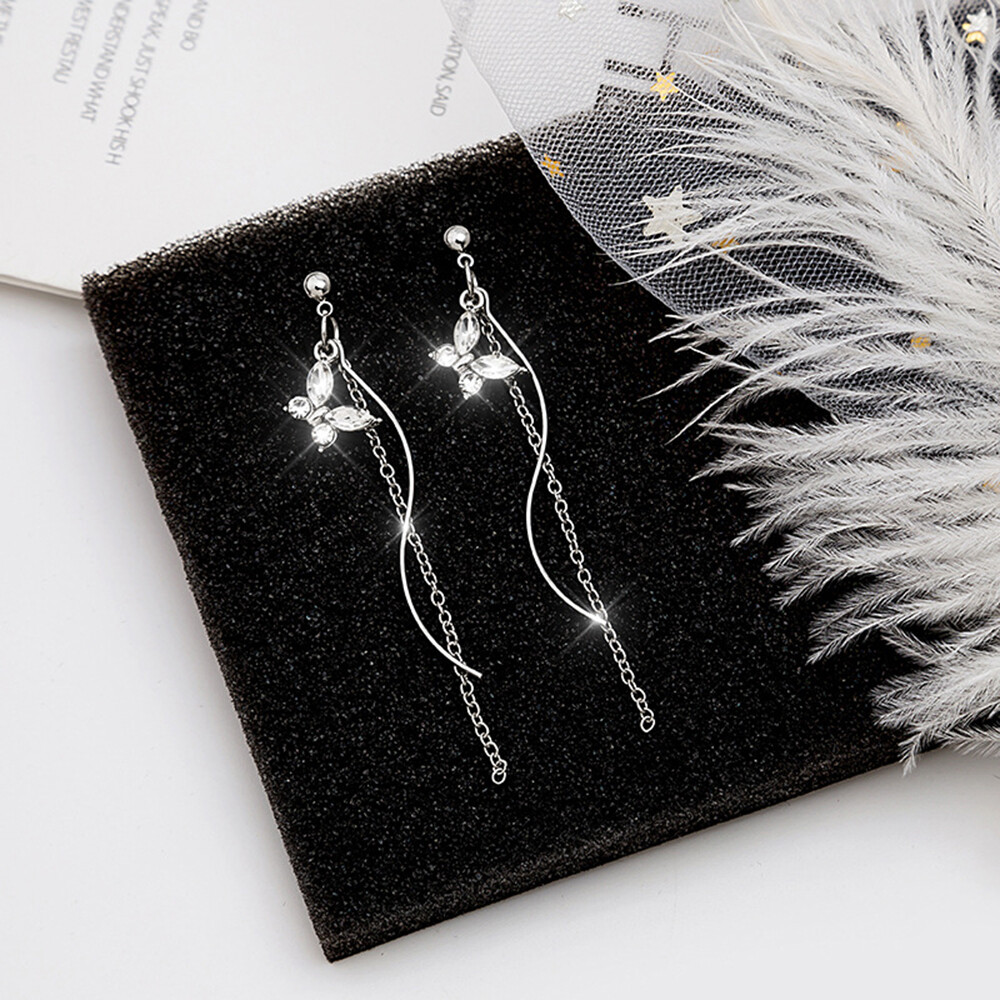 925 Silver Needle Super Flash Temperament Diamond Crystal Butterfly Earrings Net Red Long S-shaped Chain Tassel Stud Earrings