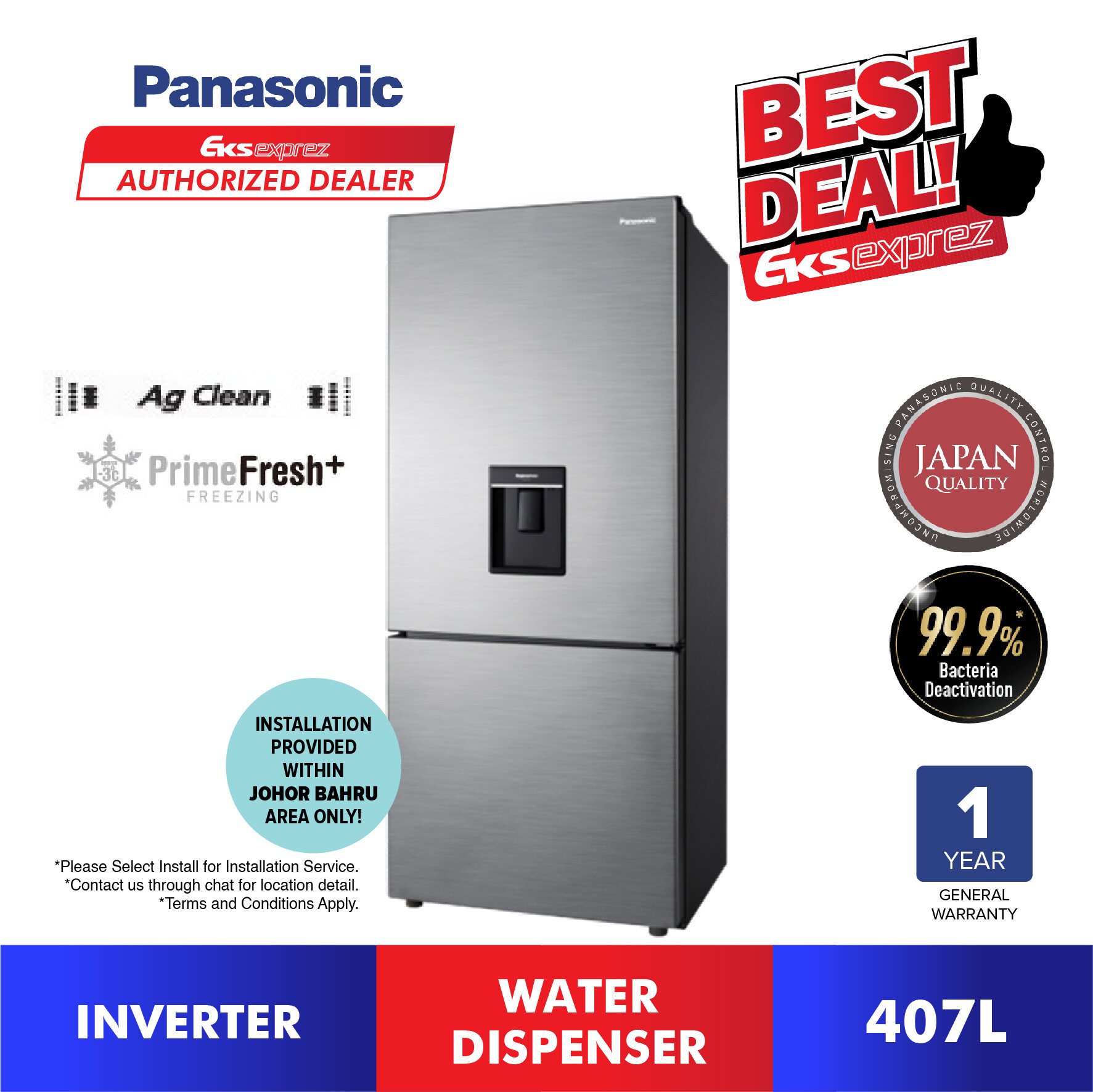 Panasonic NRBX410WPMY 407L Inverter Bottom Freezer Fridge