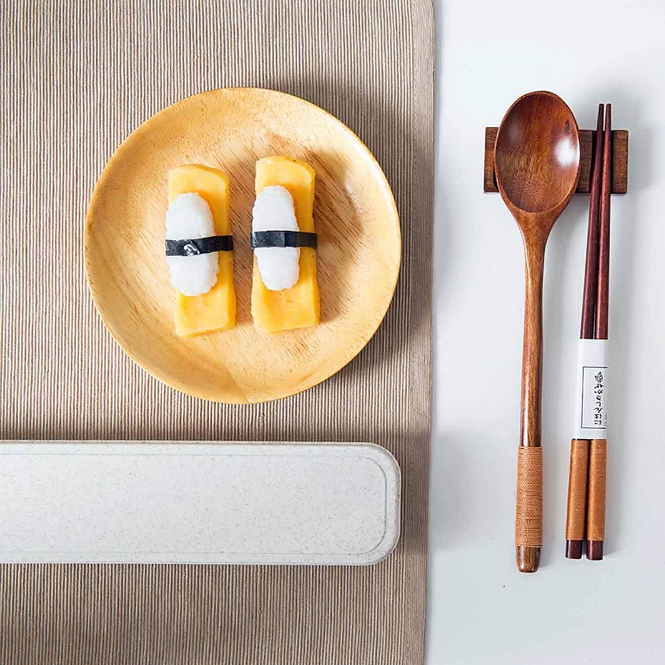 Homenhome Gỗ Bộ 3 Thìa Ăn Uống (1 Chiếc Thìa + 1 Đôi Đũa + 1 Cái Chén Ăn Hộp)
