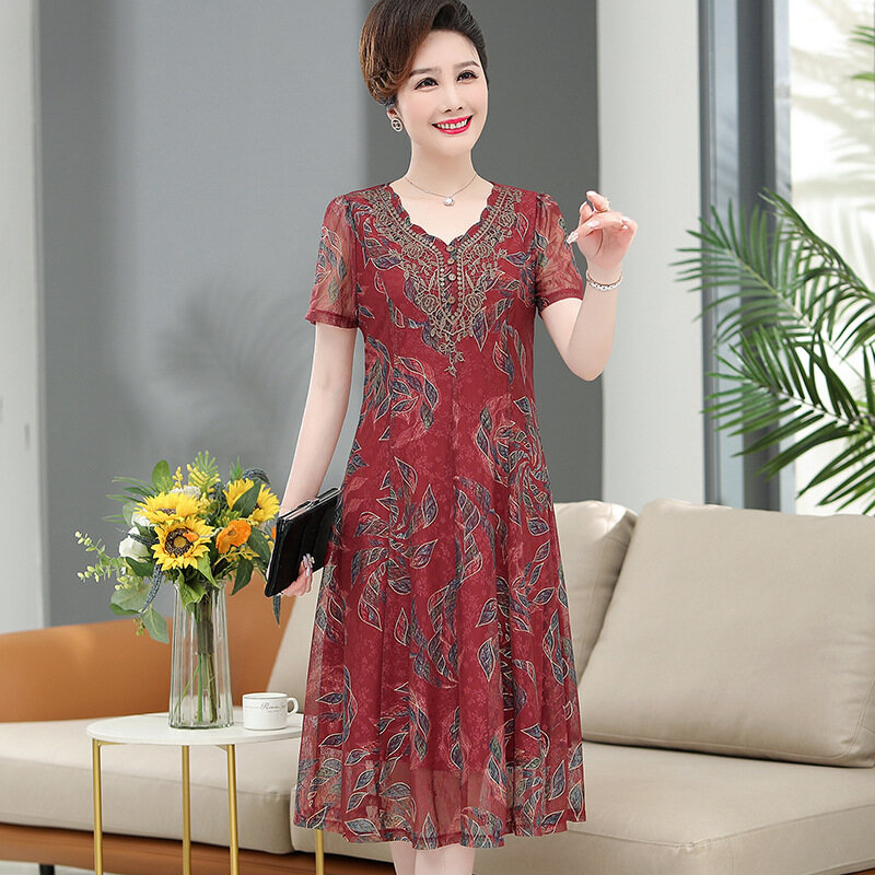 👗 Summer Short Sleeve Floral Dress Children 2022 New Mother High-End Fragrant Cloud Silk Temperament Middle-Aged Dress