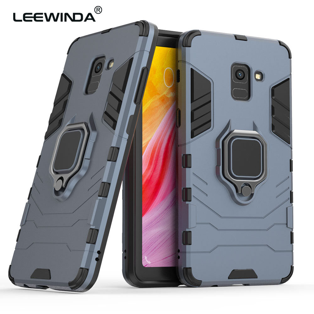 LEEWINDA For Samsung Galaxy A8 Plus 2018 Phone Case, Silicone TPU And Hard PC Luxury Armor Shockproof Metal Ring Holder Cover