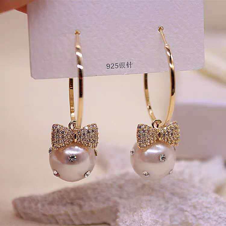 Frascati New Arrive fashion Elegant Water Drop pearl fine earrings sweet Korean shiny metal bowknot Women Drop earrings Jewelry