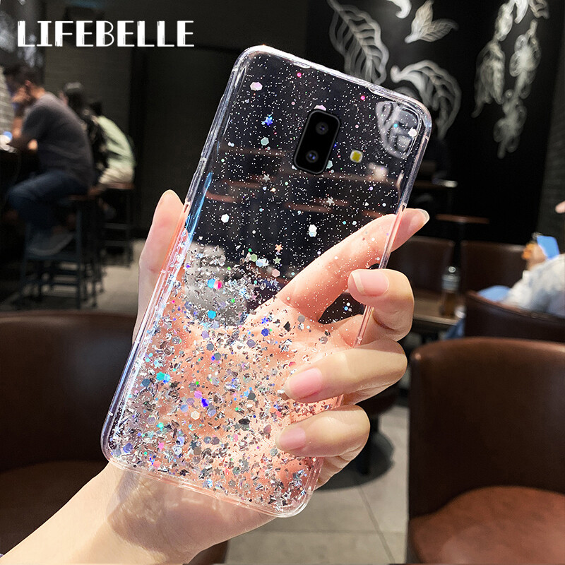 LIFEBELLE Casing for Samsung Galaxy J6 Plus Case, Women Luxury Fashion Glitter Star Foil Sparkle Phone Cases Clear Flexible Soft Rubber TPU Bumper Bling Protective Casing Back Cover for Samsung J6+ Plus J610G