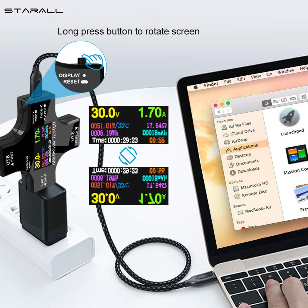 StarALL Máy Đo USB Loại C Đa Năng Máy Kiểm Tra Đồng Hồ Vạn Năng Kỹ Thuật Số LCD Dòng Điện Áp