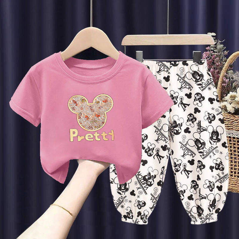 SixDaily Summer Girls Mickey Head Short-sleeved Trousers Two-piece Pullover T-shirt Anti-mosquito Pants 90-140 Yards SU0015