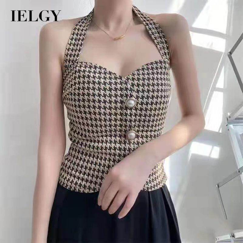 IELGY ladies houndstooth halterneck vest Hong Kong style retro thin