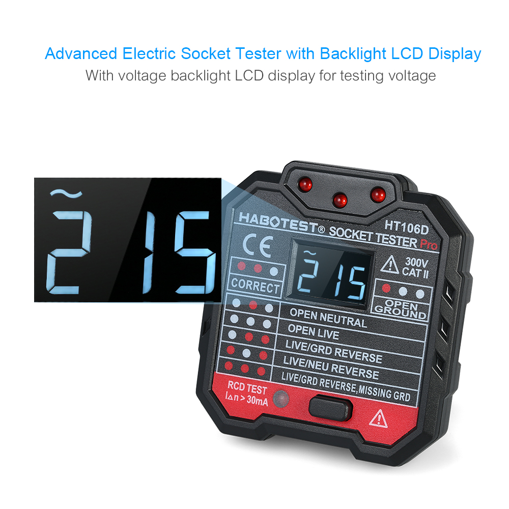 KKmoon HABOTEST Advanced RCD Electric Socket Tester Automatic Neutral Live Earth Wire Testing Circuit Polarity Detector Wall Plug Breaker Finder Electric Leakage Test with Voltage Backlight LCD Display