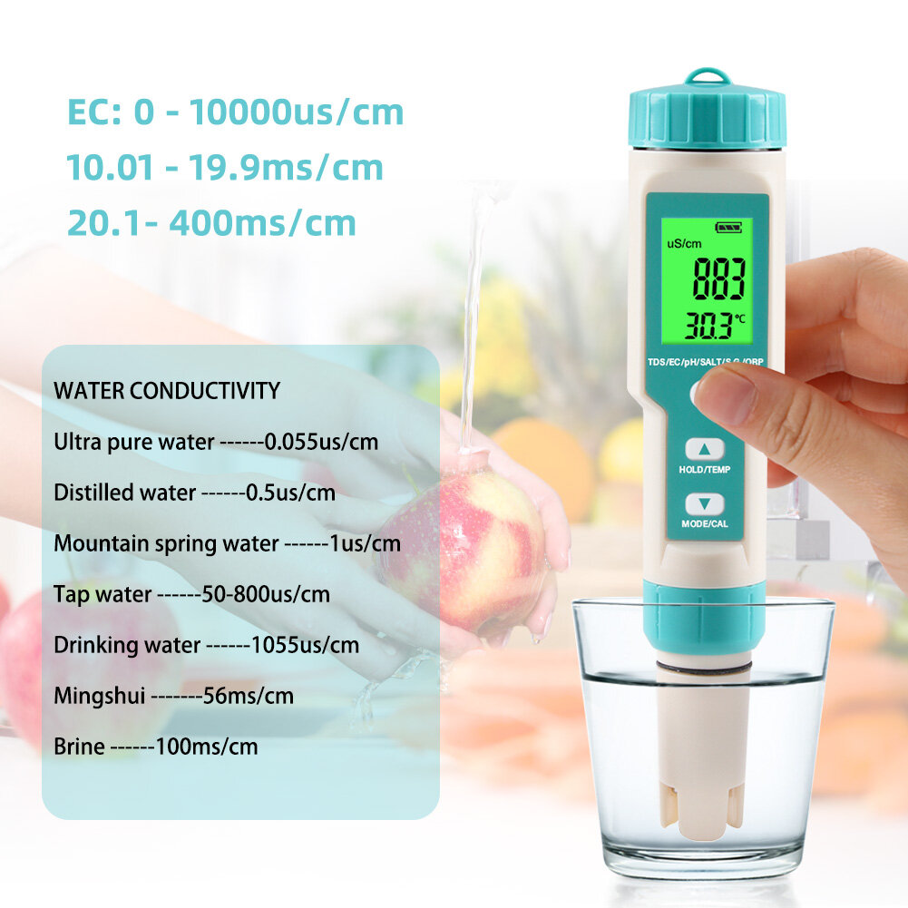 Yieryi pH Meter 7 in 1 PH/EC/TDS/Salinity/S.G/ORP/Temperature Water Quality Meter Hydroponics Tester IP67 Waterproof for Drinking Water, Aquarium