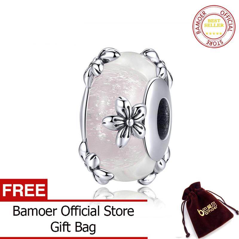 BAMOER Vintage Flower Handmade Murano Beads for Women Origianl Silver Bracelet Glass Charm 925 Sterling Silver Jewelry SCC1302