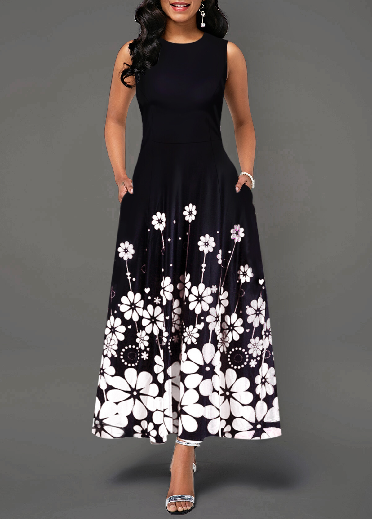 Women Vintage Round Neck Floral A-Line Dress Sleeveless Evening Party Long Dress