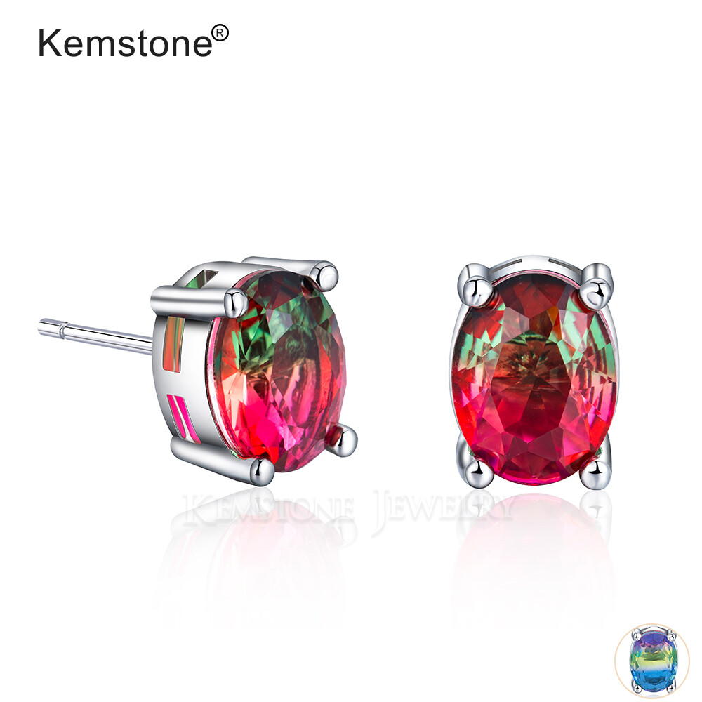 Kemstone Red Green Fink Yellow Purple Crystal Oval Female Fashion Stud Earrings Jewelry Gift for Women