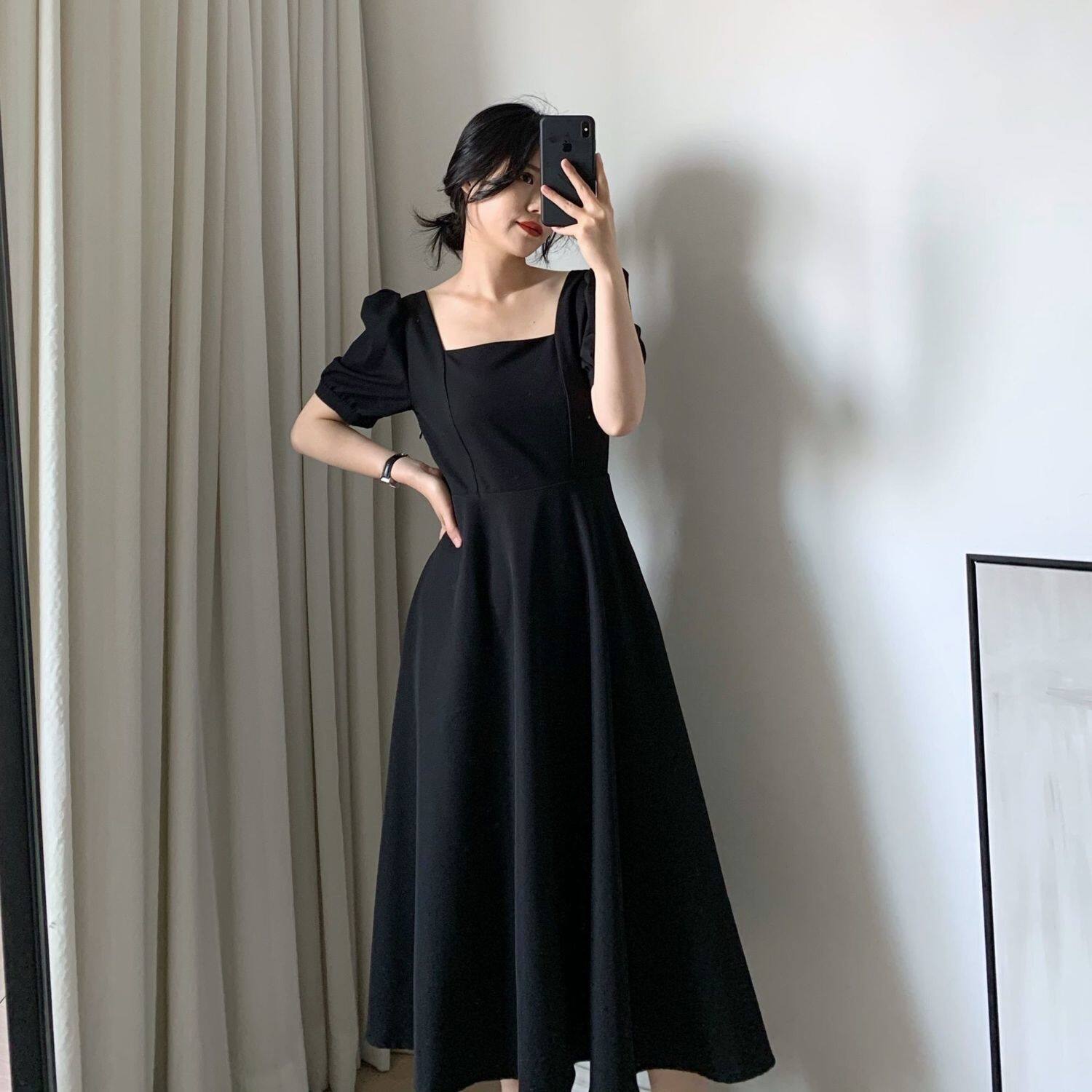 Missliu Fashion Women's Dresses Short Sleeve Hepburn Style Black Female 2020 Summer New French Retro Square Collar Long Puff Sleeve Dress