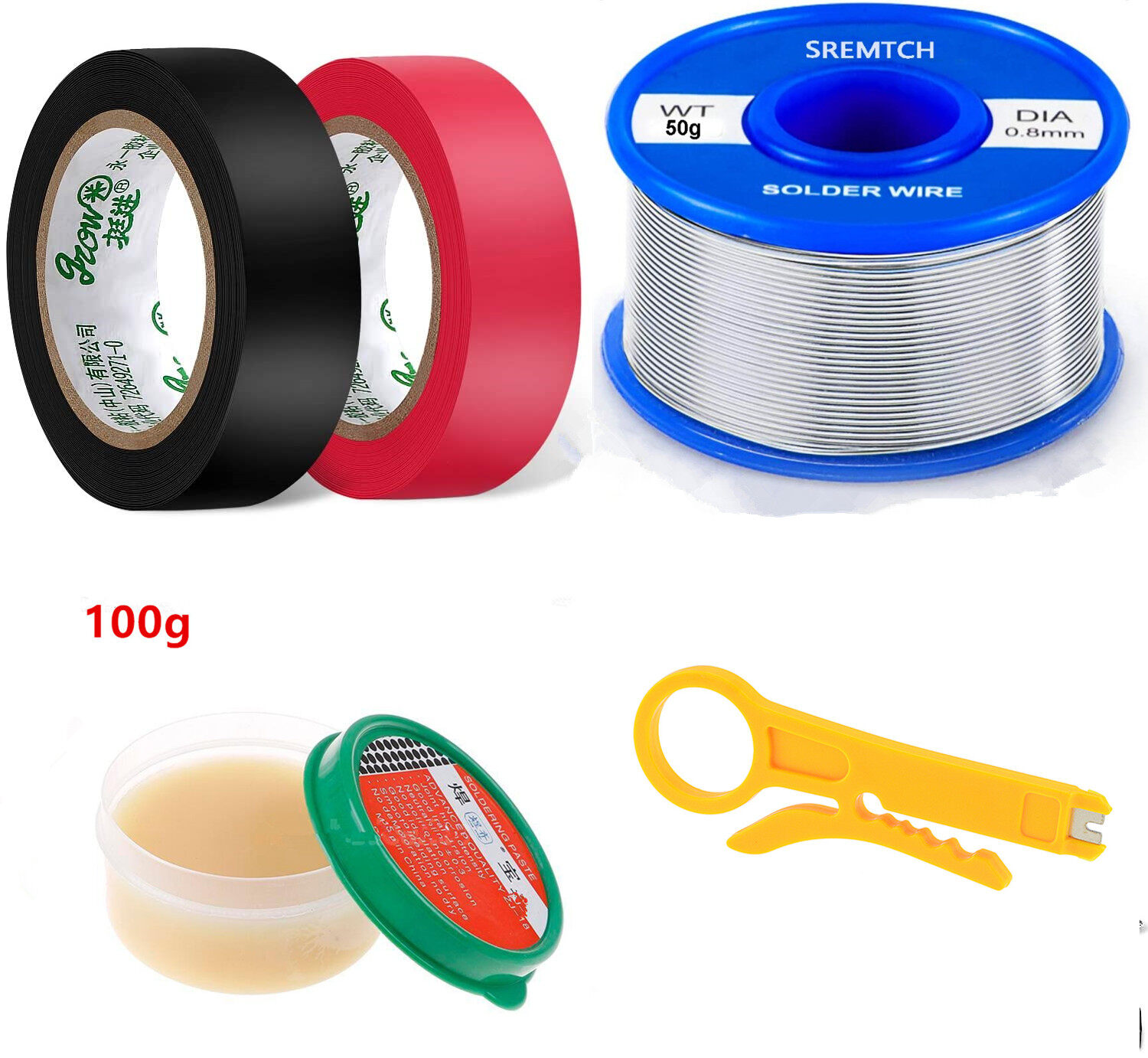 4 in 1 Solder Iron Supplies Kit - Lead Free Solder Rosin Core Tin Wire Lead Free Solder paste Wire stripper Insulating Tape