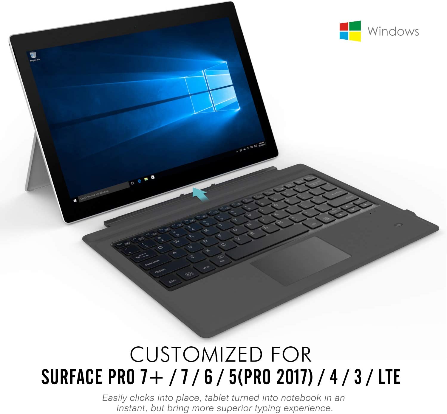 MoKo Type Cover Fit Microsoft Surface Pro 7 Plus/ Pro 7/ Pro 6/ Pro 5/Pro 4/Pro 3, Ultra-Slim Wireless Bluetooth Tablet Computer Keyboard with Trackpad, 7-Color LED Backlit, Rechargeable Battery