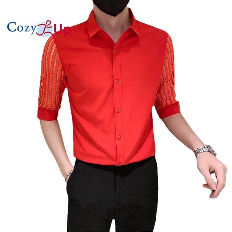 Cozy Up British Style Men Shirt Half Sleeve Solid Color Lapel Slim Fit