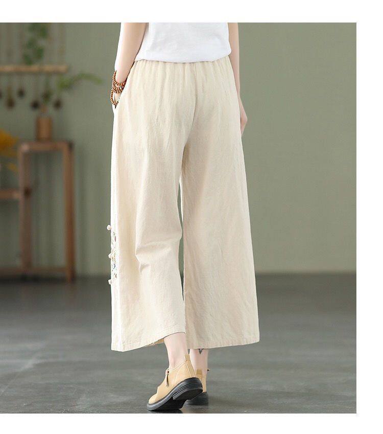 Quần ống Rộng Nữ Bông Và Lanh Thêu Dân Tộc Quần Baggy Nữ Lưng Cao Khóa Văn Học Cổ điển Quần âu