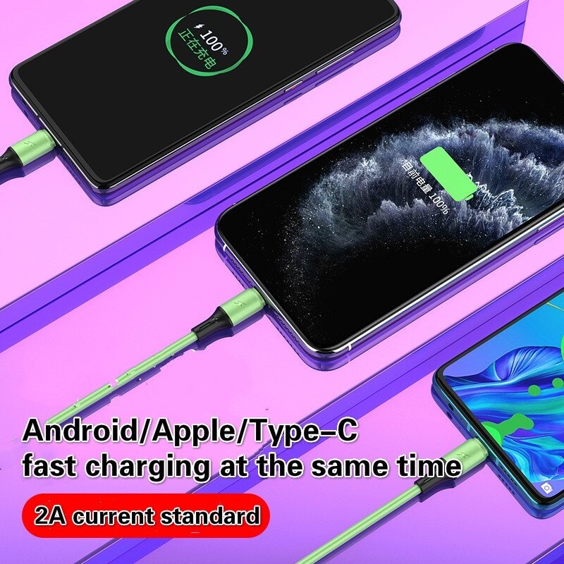 VAORLO 3 IN 1 Fast Charging Cable Liquid Silicone Material Multi-function Charger Cable USB-C Micro Type-C Lightning For Android IOS iPhone Samsung Huawei Oppo Vivo Xiaomi Fast Charging Cable