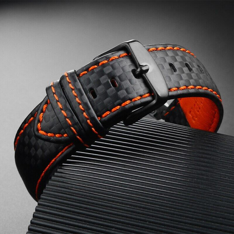 Black Carbon Fiber Style Watch Strap with Stitching and Double Tang Buckle  | Panatime.com