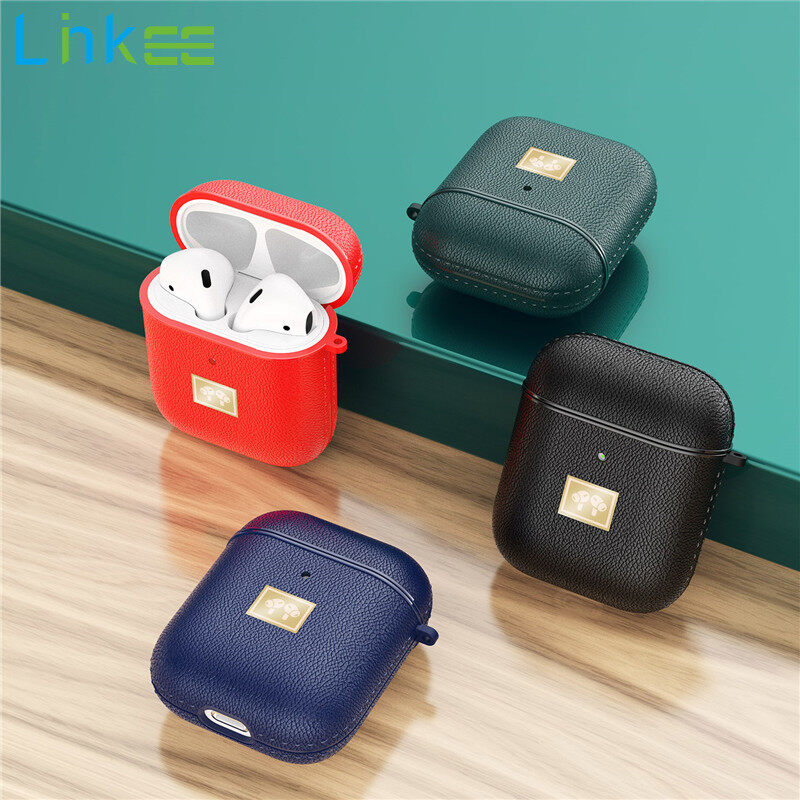 Case For Airpods 2, Litchi Leather Skin PU Leather Bluetooth Wireless Earphone Protective Cover With Metal Hook