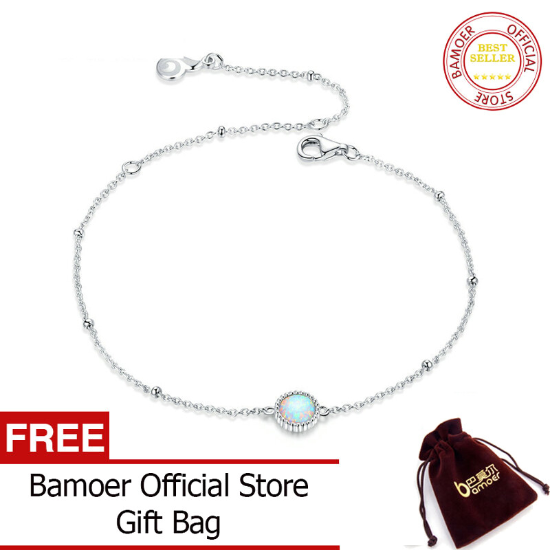BAMOER Gorgeous Opal Link Chain Bracelet for Women 925 Sterling Silver Bracelets with silver Charms Anniversary Gifts BSB054