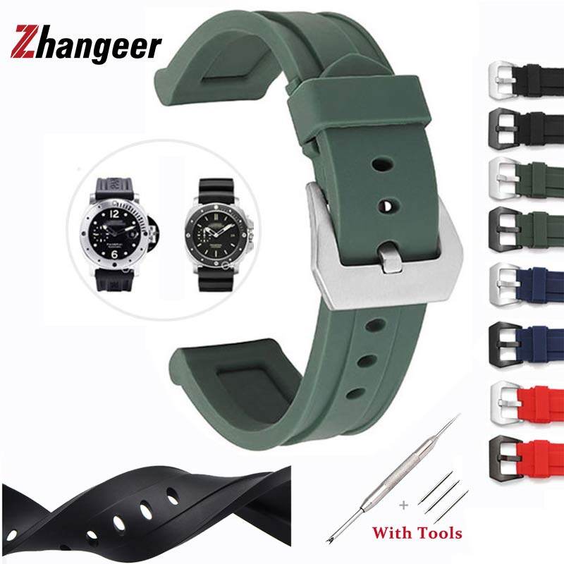 zhangeer 22 24mm 26mm Soft Strap For Panerai PAM Fat Sea Men'S Rubber Strap watch Accessories Pure Color Silicone WristStrap Waterproof Bracelet With Tools