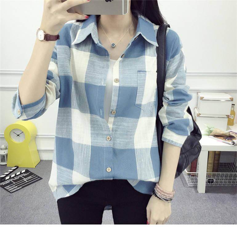 Plaid shirt female spring Korean long-sleeved shirt loose wild thin coat sunscreen shirt for women