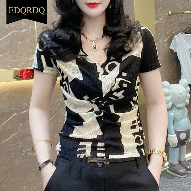 EDQRDQ Áo Sơ Mi Ngắn Tay Xếp Nếp Cổ Chữ V Ren In Chữ Cho Nữ Áo Dáng Ôm Thường Ngày Áo Cánh