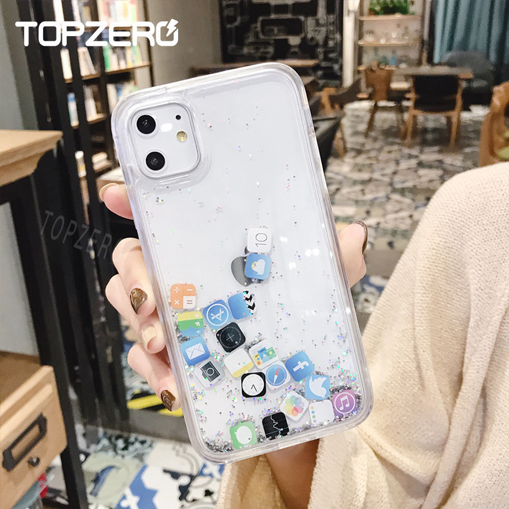TOPZERO Ốp Lưng Điện Thoại Lấp Lánh Lấp Lánh Lấp Lánh Cho iPhone 13 Pro Max 12 11 Pro Max Ốp Lưng Cứng Cát Lún Biểu Tượng Ứng Dụng Cho iPhone 11 Pro iPhone 11 12 13 Mini