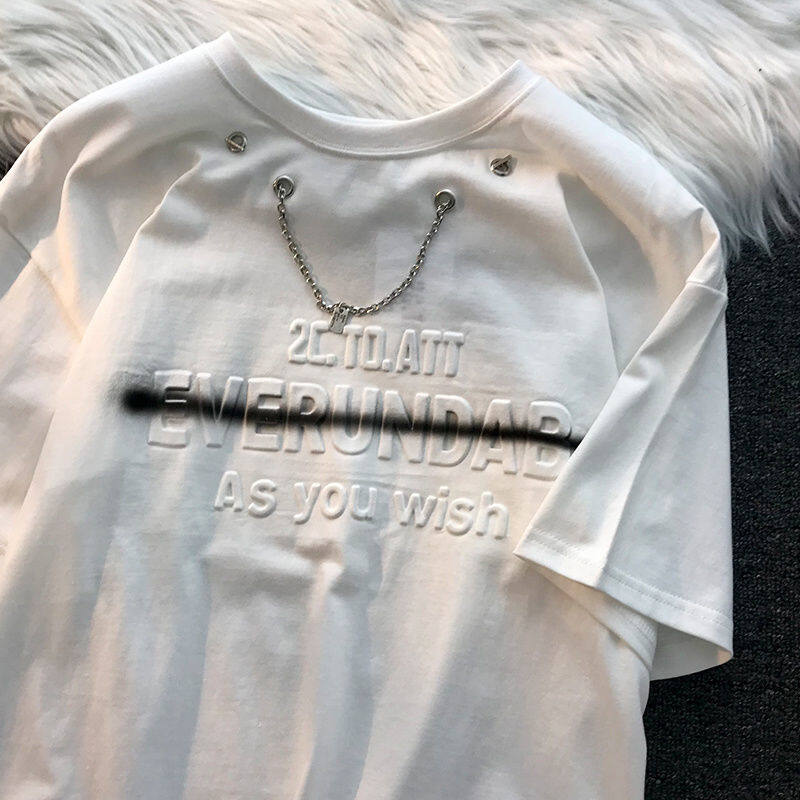 Trendy Cool Street Letters with Necklace Short-sleeved T-shirt Male and Female Students Loose Niche Design Chain Couple Tops