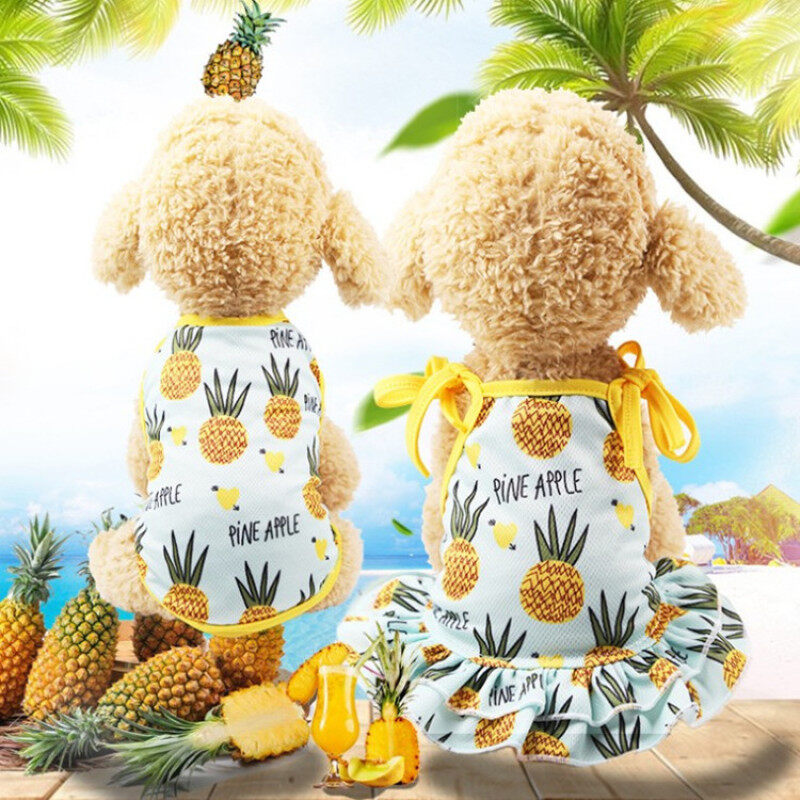 DY Loving Summer Dog Quần Áo Cặp Đôi Mặc Chó Áo Thoáng Khí Chó Áo Dứa In Ruffle Sling Váy Cho Chó