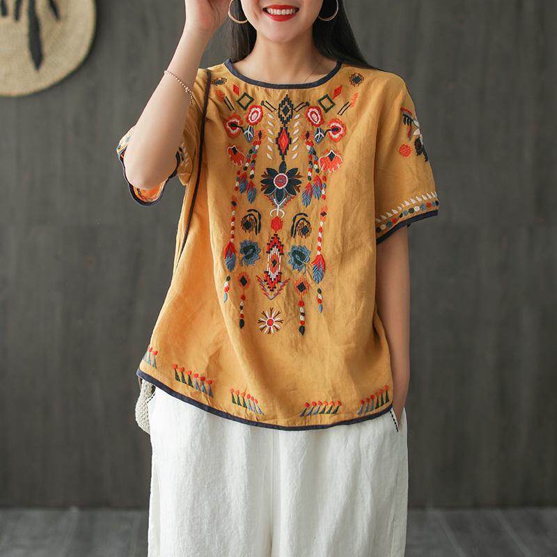 Cotton and Linen Embroidered T-shirt Summer New Retro Artistic Loose All-match Pullover White Shirt Women
