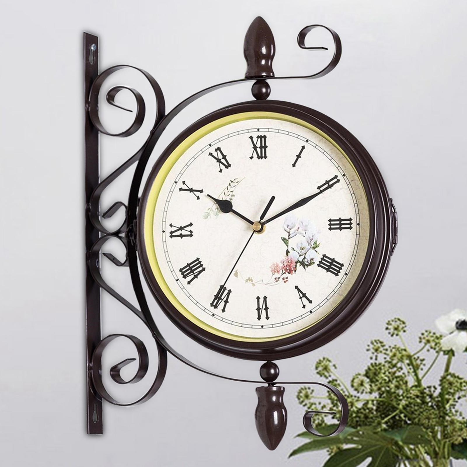 Retro Style Double Sided Wall Clock Battery Powered Quiet for Living Room