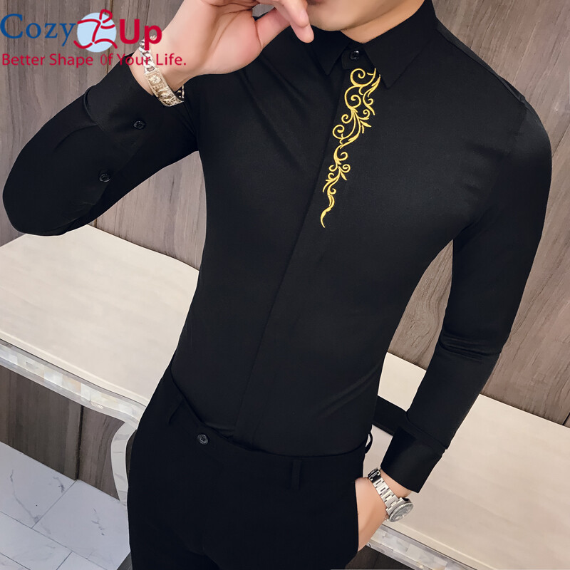 Cozy Up Vintage Embroidery Shirt Men Long Sleeve Solid Simple Casual Shirts Slim Fit Shirt for Men