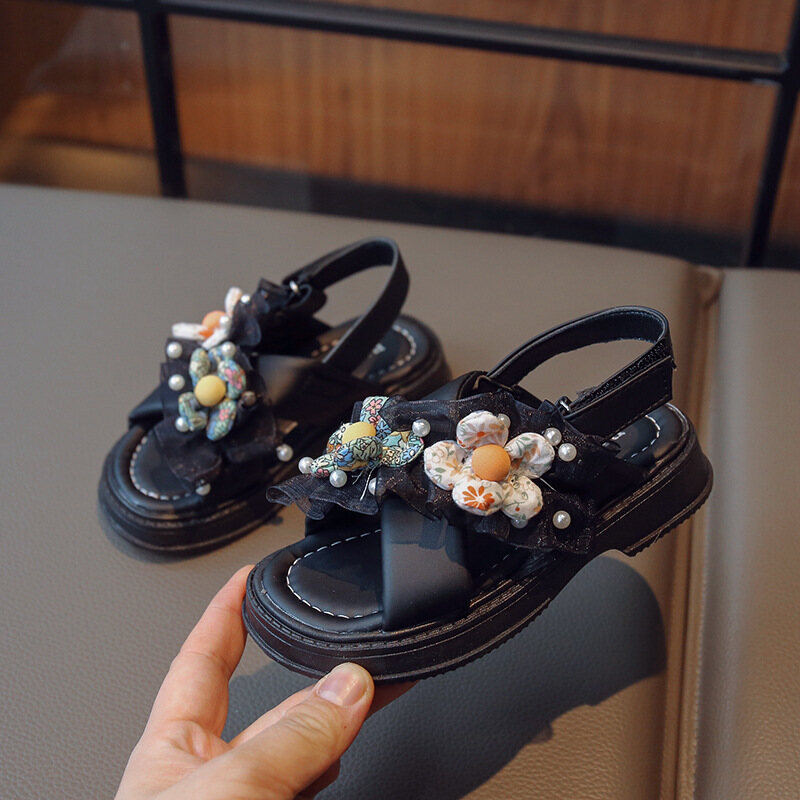 IQANGEL girls sandals korean style little girl foreign style flower princess shoes big kids open toe beach sandals