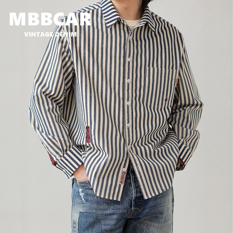 MBBCAR brand 2024 Autumn/Winter New Striped American Retro Corduroy Jacquard Shirt with Washed Old Patch Remake