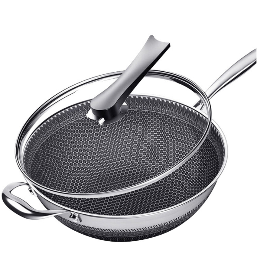 [Free Gift] Non-Stick Pan Double-Sided Honeycomb 304 Stainless Steel Wok Without Oil Smoke Frying Pan Wok Without Phosphorus