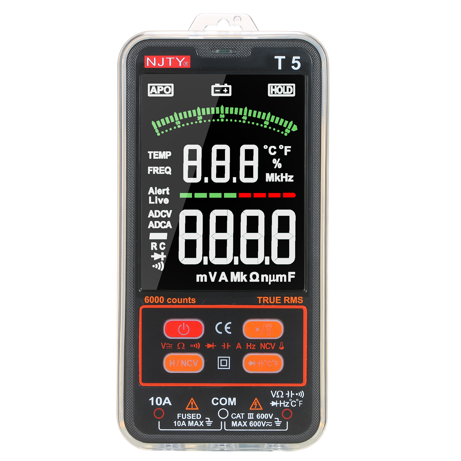 NJTY T5 6000 Counts True RMS Multimeter Digital Universal Tester 3.8-inches Large LCD Display Multi-Tester 600V Voltmeter 10A Ammeter AC/DC Voltage & Current Resistance Capacitance Temperature Diode Buzzer NCV Measurement with Dual Flashlight
