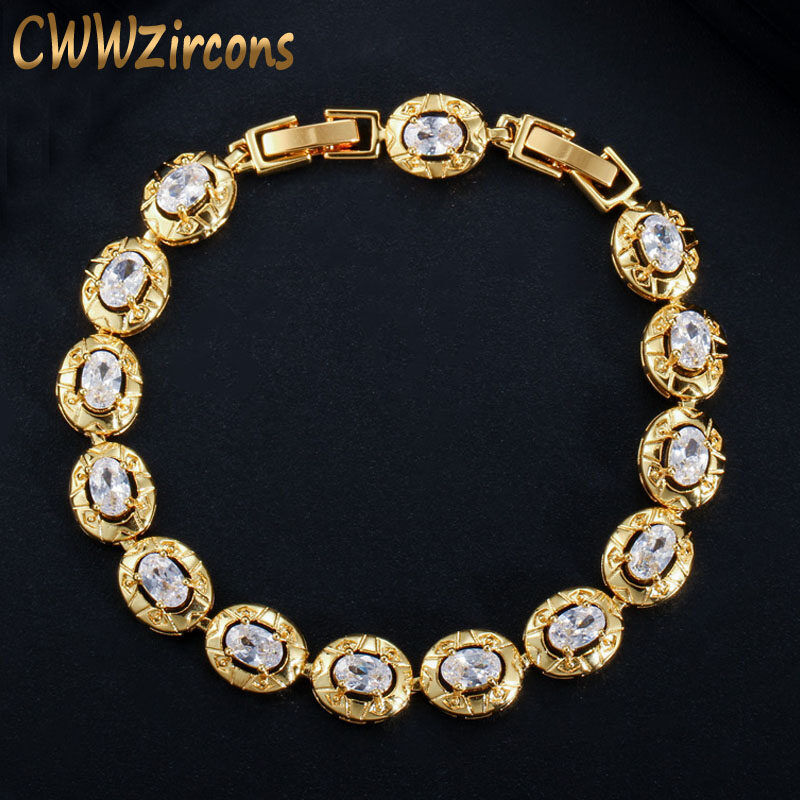 Cwwzircons ที่สง่างามสีเหลืองทองรูปไข่สีขาว Cubic Z irconia เทนนิสสร้อยข้อมือสำหรับผู้หญิงอุปกรณ์เครื่องประดับงานแต่งงาน