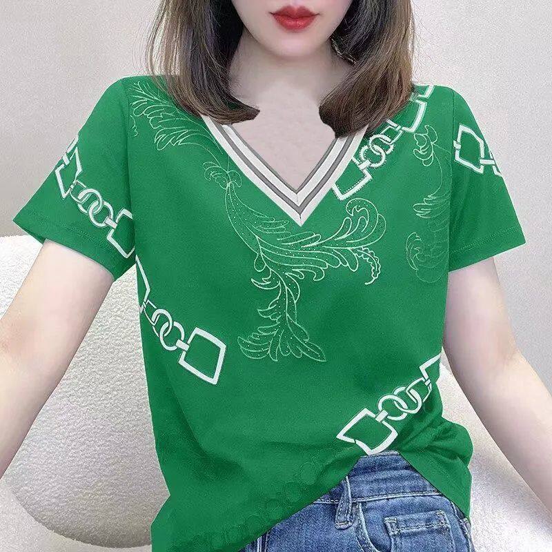 Women's T-shirt Loose V-neck Hot Diamond Print Shirt